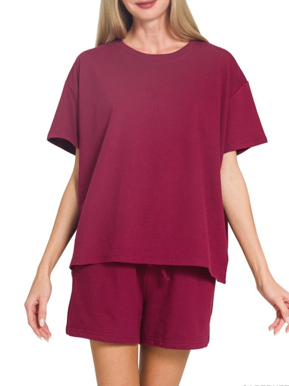 NWOT🤎Zenana French Terry Cotton Short Sleeve Top and Shorts Set Small Cabernet